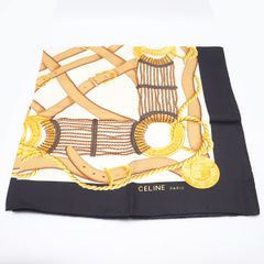 極美品 CELINE セリーヌ シルク100 大判スカーフ ブラック/ベージュ系