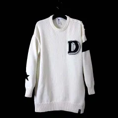 ダブルスタンダードクロージング ダブスタ DOUBLE STANDARD CLOTHING ニット セーター チュニック Dロゴ ワッペン 刺繍 ウール 長袖 ショルダーボタン S 36 アイボリー 黒 ブラック