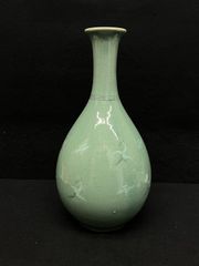 青白磁 花鳥文 花瓶 鶴 菊 陶芸 飾り壺 高麗青磁 象嵌 一輪挿し 芸林窯