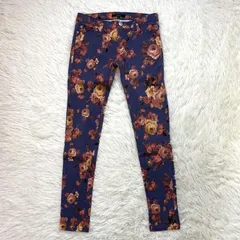 良品 &byP&D アンドバイピーアンドディ 花柄デニムパンツ 36 S パープル系 レディース お洒落 派手 伸縮性 ストレッチ スキニーパンツ ローズ 薔薇