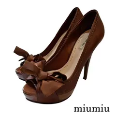 ミュウミュウ　Miu Miu  レザー リボン オープントゥ パンプス ブラウン 35