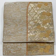 ［6574］袋帯 籬流水花文様 お太鼓柄 つづれ織 金彩 正絹 着物 フォーマル