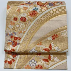 ［6577］袋帯 華紋鶴蝶吉祥文様 金 六通 正絹 着物 フォーマル