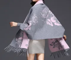 【グレー】ストール レディース 大判 花柄 フリンジ カーディガン アウター ケープ 秋冬 防寒 羽織り おしゃれ 体型カバー 上品