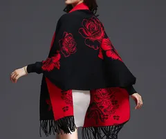 【ブラック】ストール レディース 大判 花柄 フリンジ カーディガン アウター ケープ 秋冬 防寒 羽織り おしゃれ 体型カバー 上品