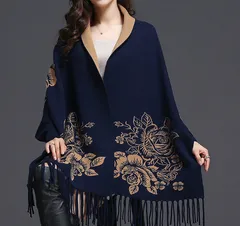 【ネイビー】ストール レディース 大判 花柄 フリンジ カーディガン アウター ケープ 秋冬 防寒 羽織り おしゃれ 体型カバー 上品