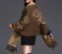 【コーヒー】ストール レディース 大判 花柄 フリンジ カーディガン アウター ケープ 秋冬 防寒 羽織り おしゃれ 体型カバー 上品