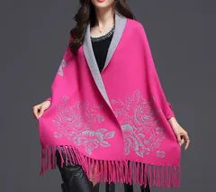 【ローズ】ストール レディース 大判 花柄 フリンジ カーディガン アウター ケープ 秋冬 防寒 羽織り おしゃれ 体型カバー 上品