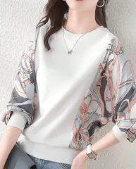 【ホワイト】レディース トップス ブラウス 七分袖 柄袖 切り替え きれいめ 大人 カジュアル 柄デザイン 上品 オフィス