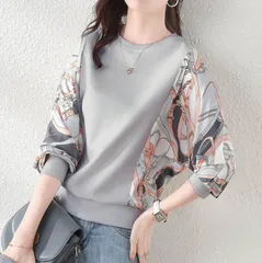 【グレー】レディース トップス ブラウス 七分袖 柄袖 切り替え きれいめ 大人 カジュアル 柄デザイン 上品 オフィス