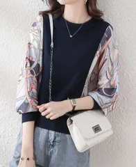 【ネイビー】レディース トップス ブラウス 七分袖 柄袖 切り替え きれいめ 大人 カジュアル 柄デザイン 上品 オフィス