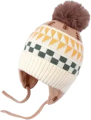 SLOW＆MELLOW キッズ ニット帽 耳当て 付き ポンポン ノルディック 柄 男の子 女の子 男女兼用 ニットキャップ 防寒 暖かい 子供 スキー ベビー 幼稚園児 小学生 幼児 保温 もこもこ ボンボン (ベージュ,  Free Size)