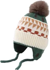 SLOW＆MELLOW キッズ ニット帽 耳当て 付き ポンポン ノルディック 柄 男の子 女の子 男女兼用 ニットキャップ 防寒 暖かい 子供 スキー ベビー 幼稚園児 小学生 幼児 保温 もこもこ ボンボン (グリーン,  Free Size)