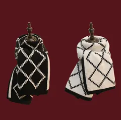 【ブラックホワイト】ニットマフラー 北欧柄 マフラー 大判 厚手 リバーシブル 幾何学模様 メンズ レディース ユニセックス 冬 ストール 防寒