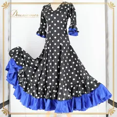 フラメンコ 衣装 ワンピース ドレス ドット 水玉 ボランテ フリル 光沢 黒 白 青 ブラック系 ホワイト系 ブルー系 ダンス パーティ 発表会 光沢感 軽め ブラックドレス シンプル フォーマル フラメンコダンス ステージ衣装 かわいい