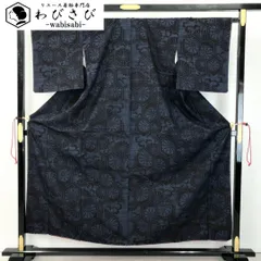 本場結城紬 80亀甲 証紙付 花亀甲模様  藍色 しつけ糸 K-5294