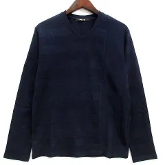 コムサメン COMME CA MEN 織柄 ボーダー Ｖネック 長袖 カットソー Tシャツ ネイビー 紺 M 07-40TR10のサムネイル