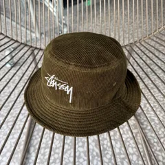 STUSSY / courtesy bucket hat size S-M ステューシー　刺繍ロゴ　キャップ　バケットハット　帽子　コーデュロイ　ヒップホップ　B系　ストリート　オリーブ　オールシーズン