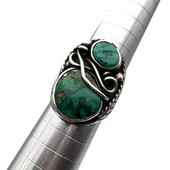 【希少】ターコイズ リング シルバーカラー ダブルストーン 天然石風 21号相当 ナバホ族風 指輪 ボリュームリング インディアンジュエリー系 素材不明