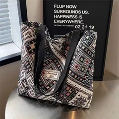 レディース トートバッグ エスニック風 ベルト濃紺 幾何学模様 キャンバス 大容量 A4対応 ショルダー ハンドバッグ 通勤 普段使い