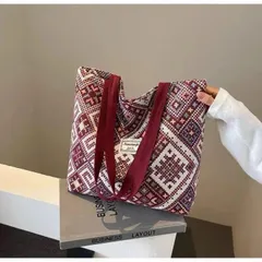 レディース トートバッグ エスニック風 ベルト赤 幾何学模様 キャンバス 大容量 A4対応 ショルダー ハンドバッグ 通勤 普段使い