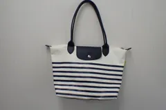 【54304】ロンシャン Longchamp  トートバッグ ル プリアージュ ボーダー ホワイト ネイビー  Mサイズ レザー ナイロン 肩掛け 汚れ有 使用品
