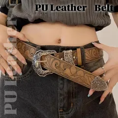 レディース ベルト 花柄型押し PUレザー 幅3.6cm ウエスタンバックル ウエストマーク 細身ベルト ジーンズ ワンピース用