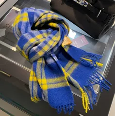 【ダークブルーイエロー】マフラー チェック柄 大判 厚手 メンズ レディース 冬 防寒 起毛 フリンジ ユニセックス 秋冬 おしゃれ 暖かい