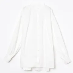 akane ブラウス レディース 白 ノーカラー 襟 おしゃれ オフィス 50代 60代 フォーマル 長袖 シャツ ボリューム袖 バンドカラー 綿 コットン オフホワイト