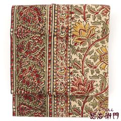 名古屋帯 九寸開き 正絹 型染め 型絵染 全通柄 縮緬 更紗柄 sh0234