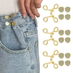 [YFFSFDC] ウエスト調整ボタン27mm3セット ジーンズ 調整 リベット付き 縫い目ない ウエストバックル ゆるゆるのジーンズ/ズボン/スカート/Tシャツ/パーカーなどを調節する取り外し可能ボタン 調節可能 交換用 (ゴールド) 0