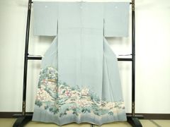 平和屋本店□極上 本場琉球紅型 紬 花唐草文 練色地 逸品 CYAA3617s5