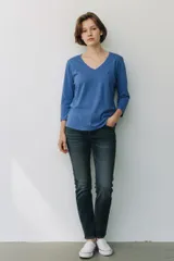 POLO RALPH LAUREN ポロ・ラルフローレン Vネック　ロングTシャツ 刺繍　ロゴ　ワンポイント 長袖シャツ コットン ブルー【中古】 レディース