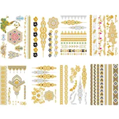 Yesallwas タトゥーシール ゴールド キラキラ リアル 大判 8枚セット メタル 星 羽 海 花 輝く 刺青シール 入れ墨シール ボディー レディース 腕、足、体、背中に 15x21cm (A)