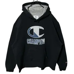2XL チャンピオン ブラック 黒 プリント デカロゴ オーバーサイズ パーカー スウェット レディース ユニセックス メンズ 古着 長袖