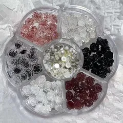 ISHR 花 ネイルパーツ 薔薇 ジュエリー 6色 約90個セット 6mm 8mm 3D 立体 椿の形 DIY デコパーツ ネイルデコパーツ ネイルアート 花パーツ 収納ボックス付き (6色A) 1