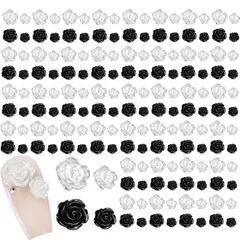 花 ネイルパーツ 薔薇 約200個セット 2色 6mm 8mm ローズ カメリア 椿 バラ 3D 立体 大きい お花パーツ ネイルアート ジュエリー デコパーツ 手芸 ハンドメイド (ブラック+ホワイト) 0