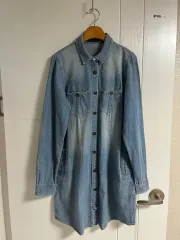 (日本 ヴィンテージ) デニムワンピース 長袖 ロング カラ―シャツ デニム 綿100％ L