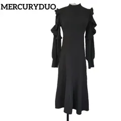 MERCURYDUO マーキュリーデゥオ フリルショルダー ニット ワンピース ロング チャコールグレー ムジ Sサイズ