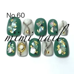 No.60 くすみグリーン＆大理石風ネイルチップ ハンドメイド ジェルコート済