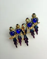 ヴィンテージ　小鳥のブローチ エナメル調 ブルー＆パープル ゴールドトーン