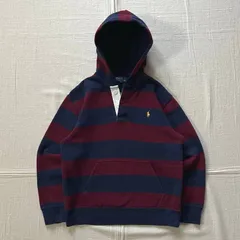 ～00s　vintage　Polo by Ralph Lauren　ポロラルフローレン　プルオーバー　太ボーダー柄フーデッドパーカー　スウェット　ラガーシャツデザイン　短丈　ポニーロゴ刺繍　紺×えんじ　Y2K　アメカジ　rugger hoodie parka