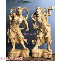 大型38cm 井波彫刻 一刀彫 総ケヤキ材 仏師手仕上げ品 金剛力士像一式