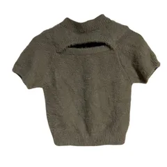 B078 GYDA ジェイダ フロント OPEN ハーフスリーブ シャギー ニット 胸元 スリット 半袖 レディース F