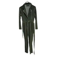 B078 SHAGGIE シャギー フロントボタン ベロア ジャンプスーツ つなぎ グリーン レディース F