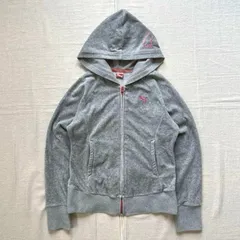 00s　archive　アーカイブ　OLD PUMA　プーマ　ベロア生地　フードロゴ刺繍　フルジップアップ　パーカー型トラックジャケット　短丈ブルゾン　グレー×ピンク　S　平成ギャル　Y2K　パンキッシュ　velor zip-up hoodie parka