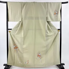 付下げ 身丈164cm 裄丈67.5cm L 袷 花唐草 金銀糸 相良刺繍 灰緑 正絹 秀品 【中古】