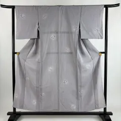 小紋 身丈153cm 裄丈61.5cm S 単衣 紬地 落款 草花 籠 ぼかし 灰紫 正絹 秀品 【中古】