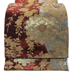 【美品】 袋帯 秀品 振袖向き 牡丹 枝垂れ桜 金糸 箔 赤 六通 正絹 【中古】