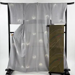 小紋 身丈162cm 裄丈67cm M 袷 袋帯セット 桜 花びら 金糸 ぼかし 灰色 正絹 秀品 【中古】